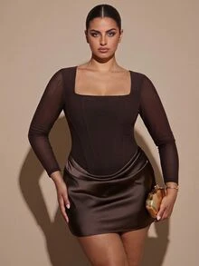 SHEIN BAE CURVE Plus Size Women's Square Neck Brown Short Dress - Coffee Brown - View 4