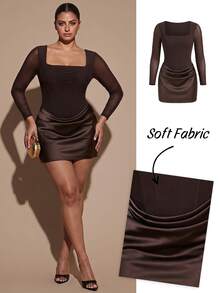 SHEIN BAE CURVE Plus Size Women's Square Neck Brown Short Dress - Coffee Brown - View 2