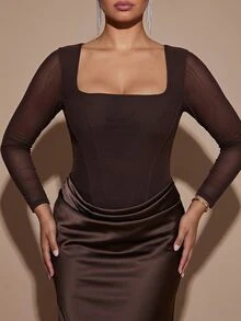 SHEIN BAE CURVE Plus Size Women's Square Neck Brown Short Dress - Coffee Brown - View 5