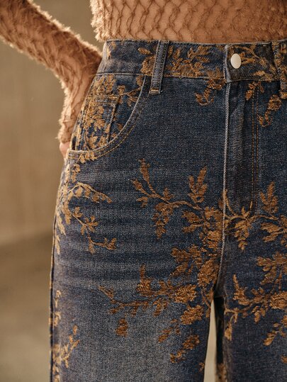 Anewsta Pantalones vaqueros rectos de mujer de moda nueva con jacquard especial en color marrón café