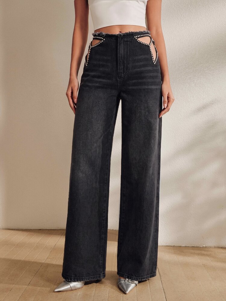 Anewsta Women's New Fashion Sexy Heavy Embroidery Hollow Out Rhinestone Studded Blue Straight Leg Jeans Long Pants - Black - View 4
