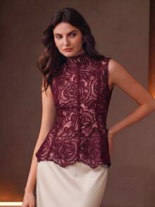 Anewsta Women's Elegant Vintage Gentle Lace Hollow Patchwork Ruffle Waist Cinched Small Stand Collar Sleeveless Tank Top - Burgundy - View 4