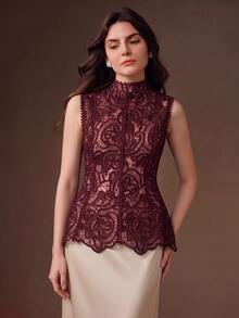 Anewsta Women's Elegant Vintage Gentle Lace Hollow Patchwork Ruffle Waist Cinched Small Stand Collar Sleeveless Tank Top - Burgundy - View 5
