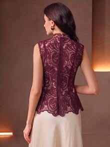 Anewsta Women's Elegant Vintage Gentle Lace Hollow Patchwork Ruffle Waist Cinched Small Stand Collar Sleeveless Tank Top - Burgundy - View 2