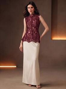 Anewsta Women's Elegant Vintage Gentle Lace Hollow Patchwork Ruffle Waist Cinched Small Stand Collar Sleeveless Tank Top - Burgundy - View 6