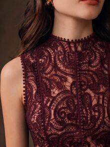 Anewsta Women's Elegant Vintage Gentle Lace Hollow Patchwork Ruffle Waist Cinched Small Stand Collar Sleeveless Tank Top - Burgundy - View 1