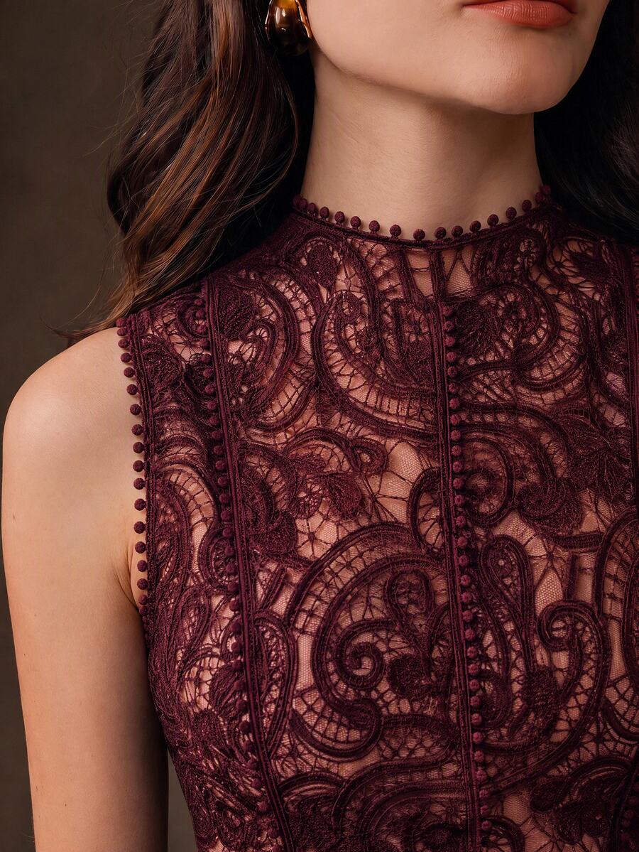 Anewsta Women's Elegant Vintage Gentle Lace Hollow Patchwork Ruffle Waist Cinched Small Stand Collar Sleeveless Tank Top - Burgundy - View 1