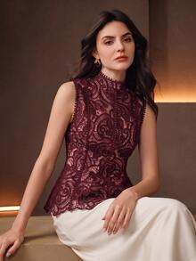 Anewsta Women's Elegant Vintage Gentle Lace Hollow Patchwork Ruffle Waist Cinched Small Stand Collar Sleeveless Tank Top - Burgundy - View 3