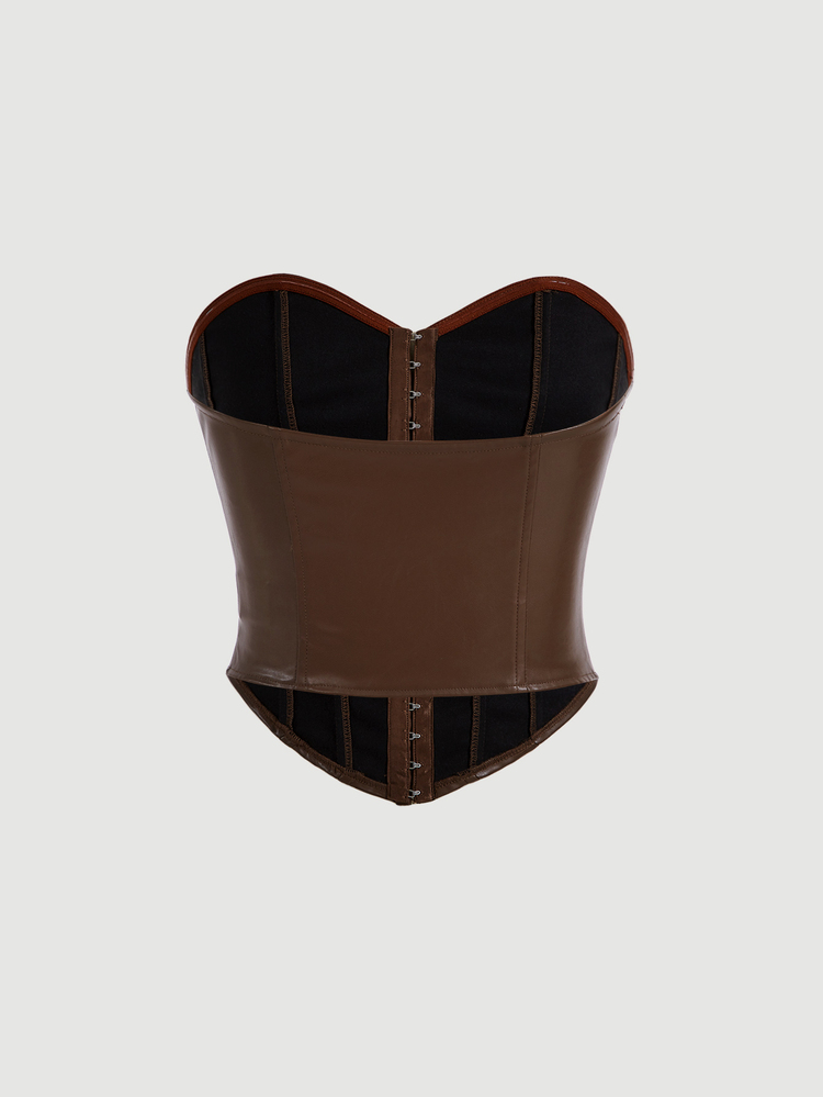 Skyraze Solid PU Leather Bustier Tube Brown Breast Cup Waist Shaping Corset Top,Halloween - Coffee Brown - View 2