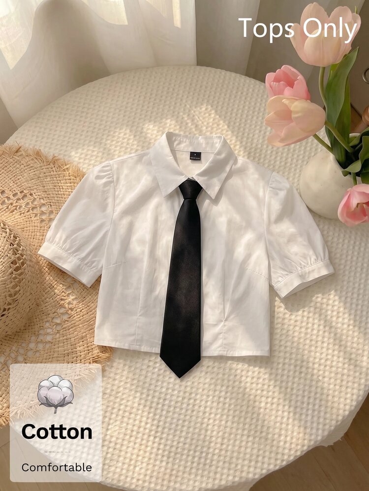Skyraze Women's Pure Cotton White Short Sleeve Black Tie Collar Shirt, Preppy Elegant Style, Back To School, Daily Commute, Office Wear Teachers' Day Summer - White - View 9
