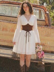 SHEIN MOD 復古印花女款短洋裝 - 杏色 - 查看 2