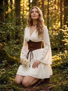 SHEIN MOD 復古印花女款短洋裝 - 杏色 - 查看 9