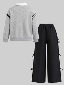 SHEIN Explorewe 少女大學風 2合1 黑白配色上衣 翻領 V領 雙條紋對比飾邊 胸前蝴蝶結印花 秋季校園生日 80年代風 - 灰色 - 查看 2