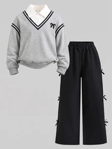 SHEIN Explorewe 少女大學風 2合1 黑白配色上衣 翻領 V領 雙條紋對比飾邊 胸前蝴蝶結印花 秋季校園生日 80年代風 - 灰色 - 查看 5