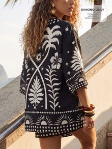 CAJUNI 女款花卉印花休閒度假和服式罩衫 - 黑與白 - 查看 3