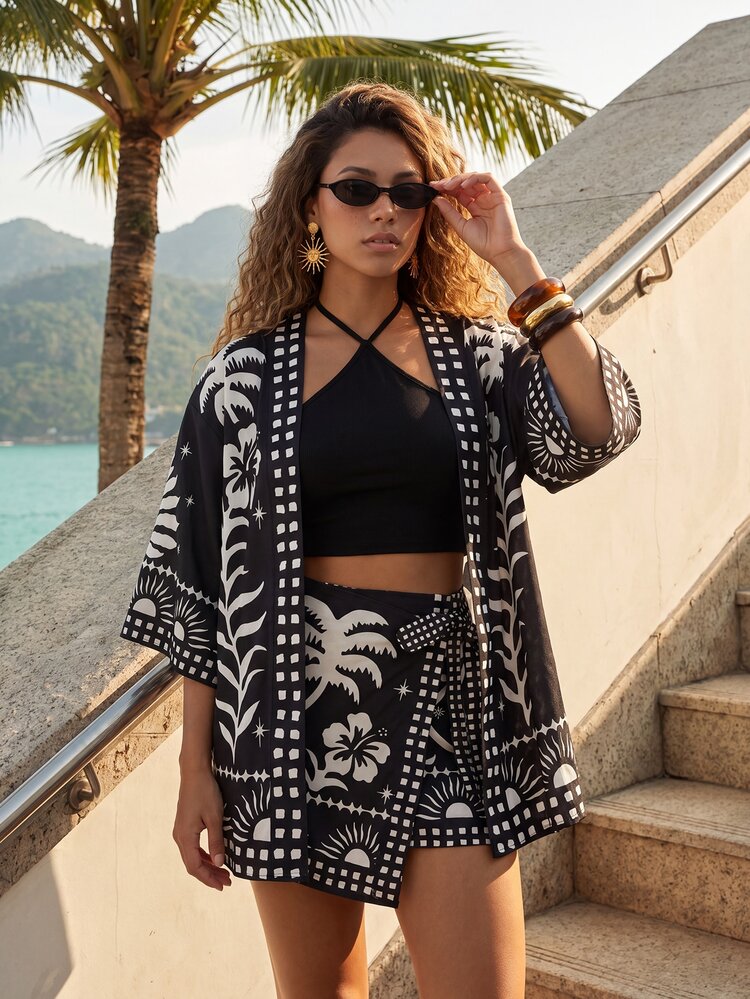 CAJUNI Women's Floral Print Casual Vacation Kimono Cover-Up - Black and White - View 9