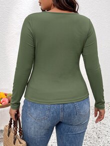 Elenzga Plus Size Slim Fit Ribbed Deep V-Neck Drawstring Front Hem Slit Slimming T-Shirt - Army Green - View 3