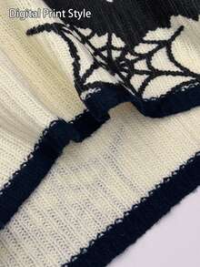 EMERY ROSE Plus Size Women's Autumn/Winter Casual Minimalist Versatile Retro Pumpkin Bat Spider Web All-Over Print Contrast Trim Crew Neck Loose Knit Sweater Top - Apricot - View 8