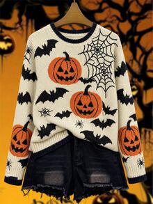 EMERY ROSE Plus Size Women's Autumn/Winter Casual Minimalist Versatile Retro Pumpkin Bat Spider Web All-Over Print Contrast Trim Crew Neck Loose Knit Sweater Top - Apricot - View 5