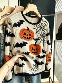 EMERY ROSE Plus Size Women's Autumn/Winter Casual Minimalist Versatile Retro Pumpkin Bat Spider Web All-Over Print Contrast Trim Crew Neck Loose Knit Sweater Top - Apricot - View 3