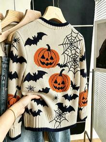 EMERY ROSE Plus Size Women's Autumn/Winter Casual Minimalist Versatile Retro Pumpkin Bat Spider Web All-Over Print Contrast Trim Crew Neck Loose Knit Sweater Top - Apricot - View 2