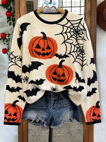 EMERY ROSE Plus Size Women's Autumn/Winter Casual Minimalist Versatile Retro Pumpkin Bat Spider Web All-Over Print Contrast Trim Crew Neck Loose Knit Sweater Top - Apricot - View 4