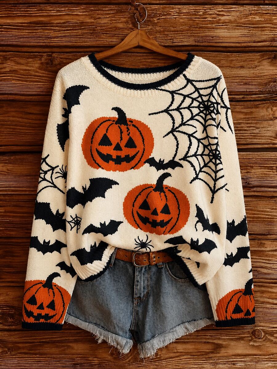 EMERY ROSE Plus Size Women's Autumn/Winter Casual Minimalist Versatile Retro Pumpkin Bat Spider Web All-Over Print Contrast Trim Crew Neck Loose Knit Sweater Top - Apricot - View 1