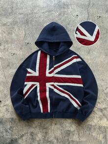 ROMWE MEN Street Life Men's Young Sports Streetwear Pocket Patchwork Flag Pattern Zipper Hoodie - Blue - View 6