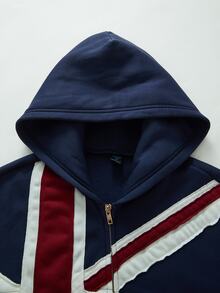 ROMWE MEN Street Life Men's Young Sports Streetwear Pocket Patchwork Flag Pattern Zipper Hoodie - Blue - View 5