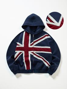 ROMWE MEN Street Life Men's Young Sports Streetwear Pocket Patchwork Flag Pattern Zipper Hoodie - Blue - View 1