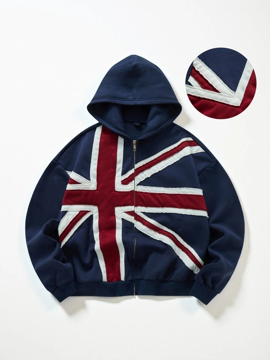 ROMWE MEN Street Life Men's Young Sports Streetwear Pocket Patchwork Flag Pattern Zipper Hoodie - Blue - View 1