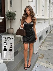 SHEIN Tall Women's Solid Color Lace Patchwork Spaghetti Strap Mini Dress - Summer Beach Vacation Bohemian Tropical Style Outfit - Black - View 5