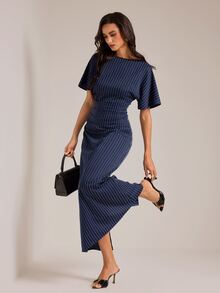 SHEIN Tall Women's Tall Navy Striped Casual-To-Work Maxi Dress - Navy Blue - View 8