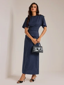 SHEIN Tall Women's Tall Navy Striped Casual-To-Work Maxi Dress - Navy Blue - View 5