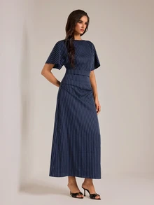 SHEIN Tall Women's Tall Navy Striped Casual-To-Work Maxi Dress - Navy Blue - View 3