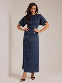 SHEIN Tall Women's Tall Navy Striped Casual-To-Work Maxi Dress - Navy Blue - View 6