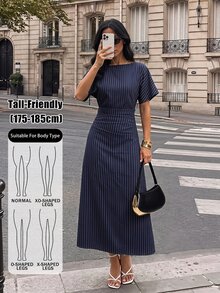 SHEIN Tall Women's Tall Navy Striped Casual-To-Work Maxi Dress - Navy Blue - View 1