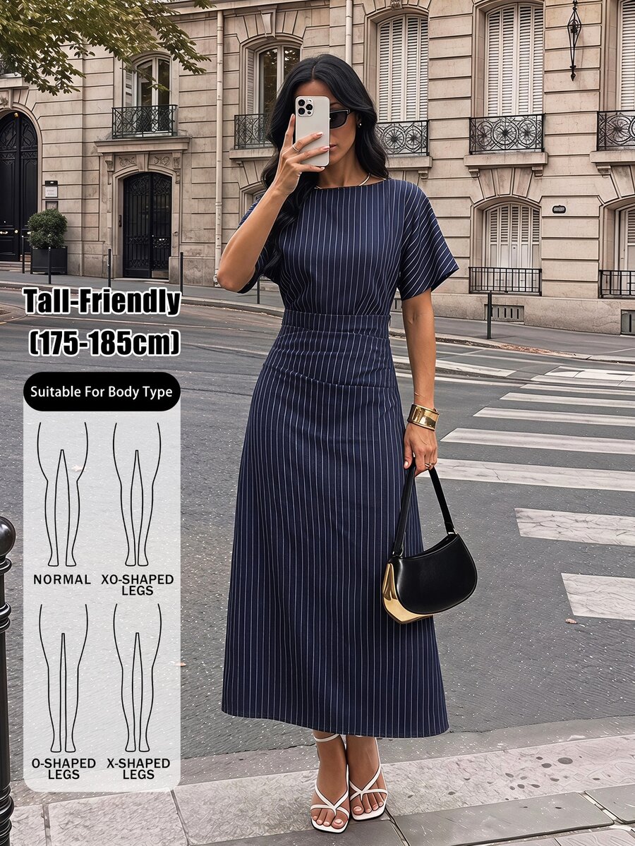 SHEIN Tall Women's Tall Navy Striped Casual-To-Work Maxi Dress - Navy Blue - View 1