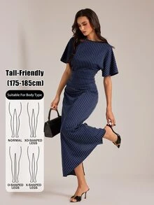 SHEIN Tall Women's Tall Navy Striped Casual-To-Work Maxi Dress - Navy Blue - View 4