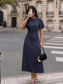 SHEIN Tall Women's Tall Navy Striped Casual-To-Work Maxi Dress - Navy Blue - View 9