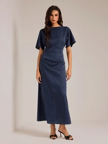 SHEIN Tall Women's Tall Navy Striped Casual-To-Work Maxi Dress - Navy Blue - View 7