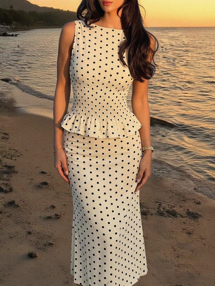 SHEIN Tall Women's Polka Dot Pattern Shirred Waist Tank Top And Mermaid Skirt Elegant Set - Multicolor - View 1