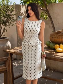 SHEIN Tall Women's Polka Dot Pattern Shirred Waist Tank Top And Mermaid Skirt Elegant Set - Multicolor - View 7