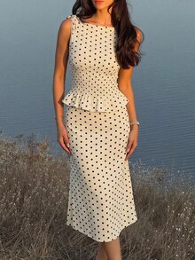 SHEIN Tall Women's Polka Dot Pattern Shirred Waist Tank Top And Mermaid Skirt Elegant Set - Multicolor - View 8