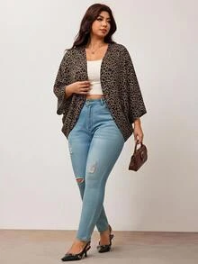 Enliva Plus Size Women's Leopard Print Cover Up Lightweight Kimono Style For Casual Streetwear Elegant Daily Wear Wedding Going Out Office Guest Brown Autumn - Brown - View 4