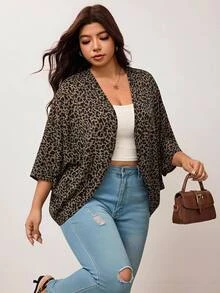 Enliva Plus Size Women's Leopard Print Cover Up Lightweight Kimono Style For Casual Streetwear Elegant Daily Wear Wedding Going Out Office Guest Brown Autumn - Brown - View 1