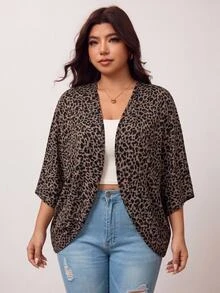 Enliva Plus Size Women's Leopard Print Cover Up Lightweight Kimono Style For Casual Streetwear Elegant Daily Wear Wedding Going Out Office Guest Brown Autumn - Brown - View 5