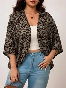 Enliva Plus Size Women's Leopard Print Cover Up Lightweight Kimono Style For Casual Streetwear Elegant Daily Wear Wedding Going Out Office Guest Brown Autumn - Brown - View 3