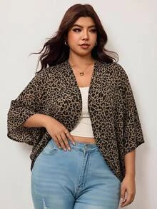 Enliva Plus Size Women's Leopard Print Cover Up Lightweight Kimono Style For Casual Streetwear Elegant Daily Wear Wedding Going Out Office Guest Brown Autumn - Brown - View 6