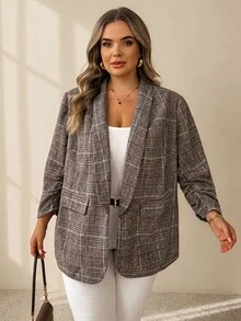 SHEIN CURVE+ Plus Size 7/10 Sleeve Shawl Collar Open Front Blazer Jacket In Fall Business Formal Office Grey Casual Smart Dressy Thanksgiving - Multicolor - View 4